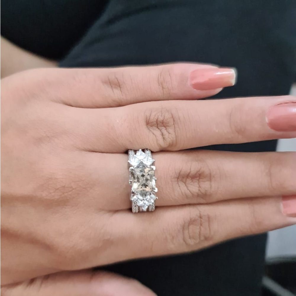 14K White Gold Guard Bridal Set 2 Ct whiskey Quartz Princess Cut Ring Set Sz 8